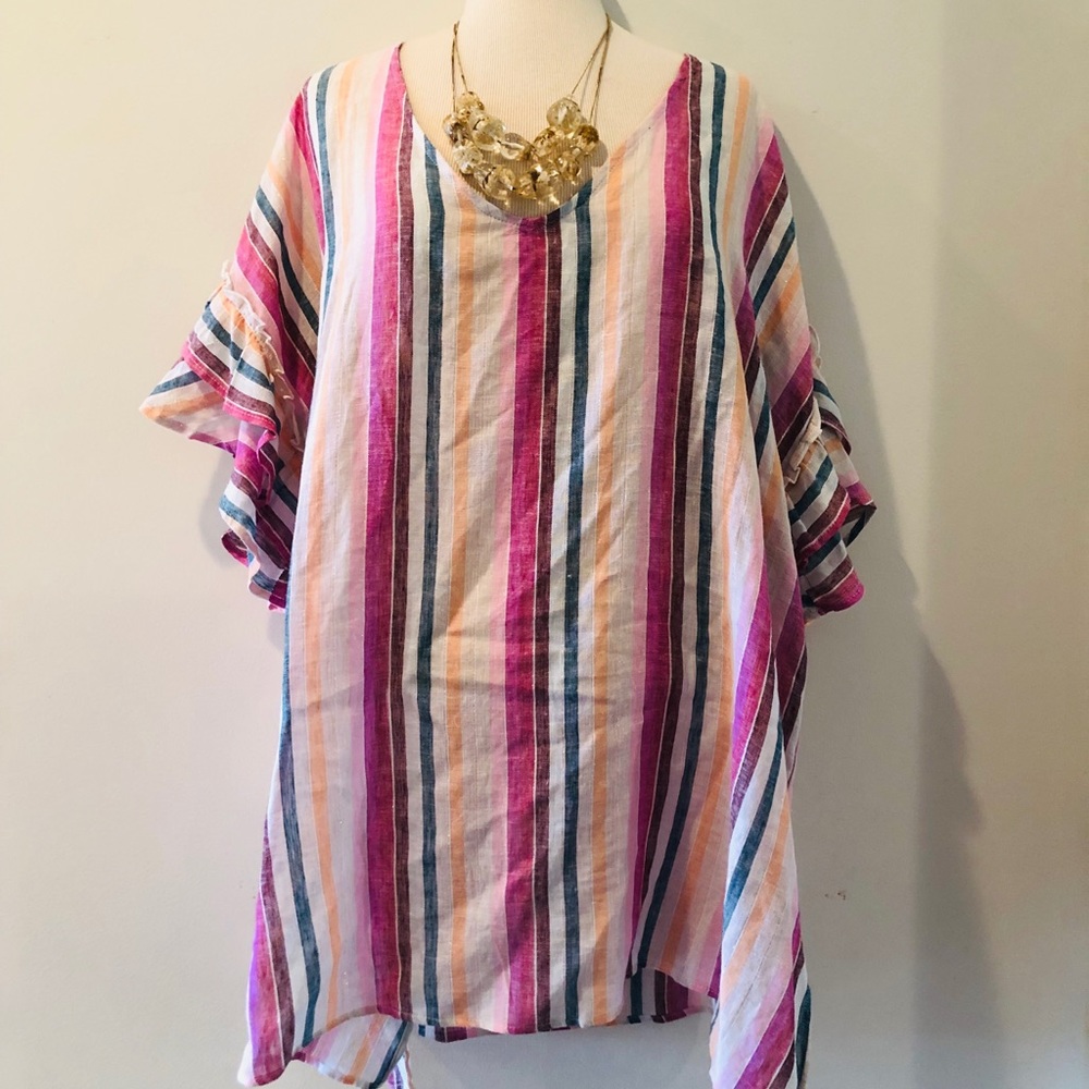 Linen Colorful Stripe Blouse Plus Size 2X